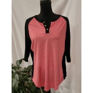 Hocosit Womens Pink‎ Black Color Block Raglan Henley Top 3/4 Sleeve Size L